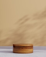 Minimal cylinder wood pedestal or podium for product showcase. Cosmetic beauty stand pedestal. Beige background. Leaf shadows. Empty stage. 3d render illustration