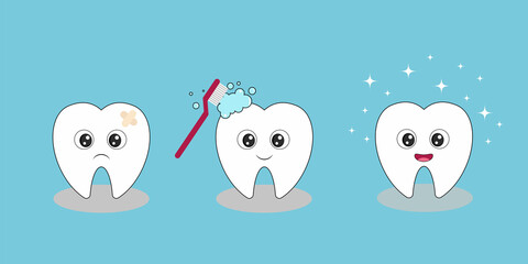 Cute cartoon teeth. Clean and dirty tooth. Dental care concept. Flat vector illustration