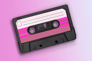 One single simple light analog audio cassette tape object. Retrowave, synthwave retro vintage - obrazy, fototapety, plakaty