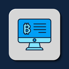 Filled outline Mining bitcoin from monitor icon isolated on blue background. Cryptocurrency mining, blockchain technology service. Vector