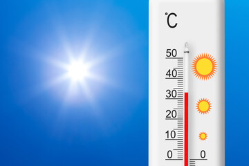 Celsius scale thermometer shows plus 33 degrees . Yellow sun in blue sky. Summer heat