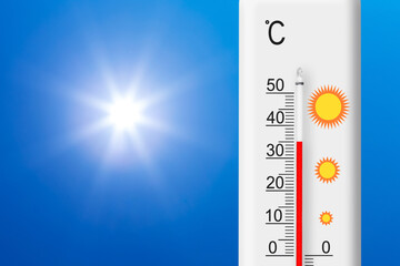 Celsius scale thermometer shows plus 35 degrees . Yellow sun in blue sky. Summer heat - obrazy, fototapety, plakaty