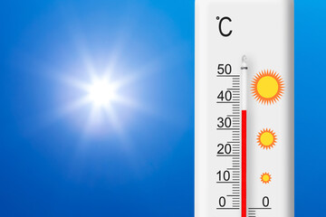 Celsius scale thermometer shows plus 37 degrees . Yellow sun in blue sky. Summer heat - obrazy, fototapety, plakaty