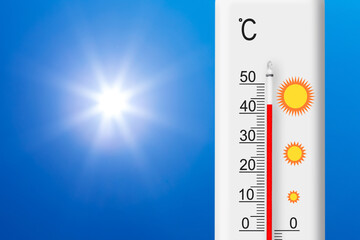 Celsius scale thermometer shows plus 43 degrees . Yellow sun in blue sky. Summer heat