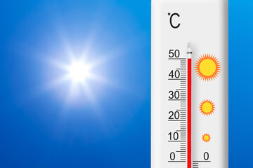 Celsius scale thermometer shows plus 50 degrees . Yellow sun in blue sky. Summer heat