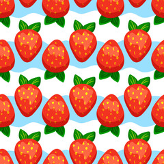 Seamless pattern with strawberries on a background of blue stripes. Pattern for yogurt, product. Vector illustration