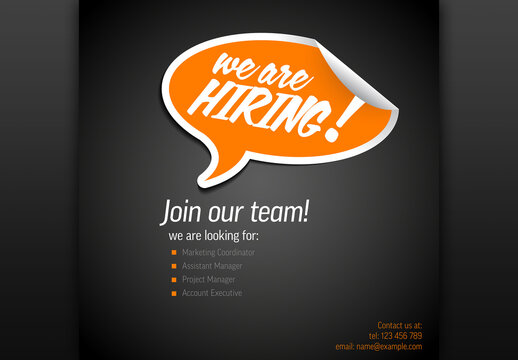 We Are Hiring Minimalistic Dark Flyer Template with Big Speech Bubble Sticker