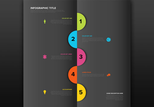 Five Half Circle Vertical Steps Elements Dark Template with Icons