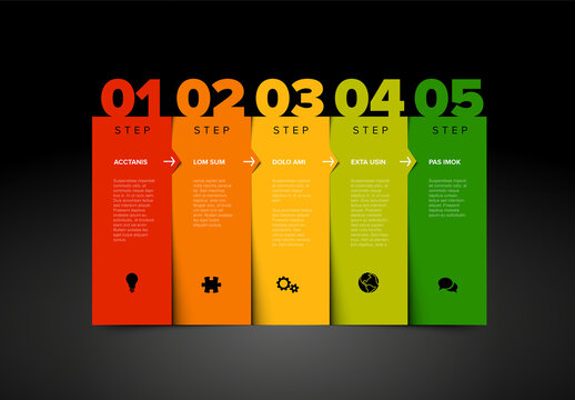 Five Color Steps Elements Columns Dark Template with Big Numbers