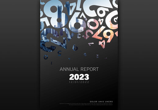Dark Annual Report Front Cover Page Template with Photo and Numbers Masks