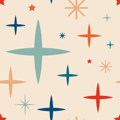 Vintage retro seamless pattern with stars. Christmas background with snowflakes