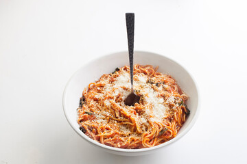 Spaghetti topped with Marinara Red Sauce and Tons of Grated Parmesan Cheese