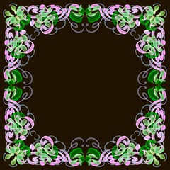 Fototapeta premium Green frame for photo, with flowers and butterflies, Modern Ukrainian ornament on a black background, three-dimensional drawing, banner, poster, space for text,pink color