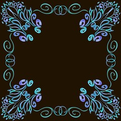 Blue border,frame for photo, with flowers and butterflies, Modern Ukrainian ornament on a black background, three-dimensional drawing, banner, poster, space for text,
