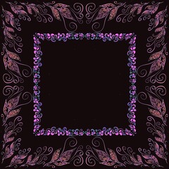 frame for photo, with flowers and butterflies, Modern Ukrainian ornament on a black background, three-dimensional drawing, banner, poster, space for text,pink color