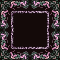 frame with flowers and butterflies, Modern Ukrainian ornament on a black background, three-dimensional drawing, banner, poster, space for text