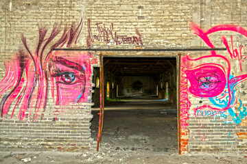 Door in a ruined and abandoned hangar with painted arts