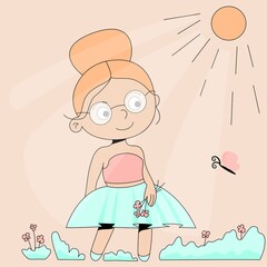 cartoon girl with glasses in the garden with butterfly and flowers walking on grass illustration