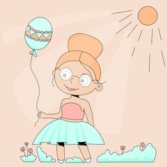 cartoon girl with glasses in the garden with balloon walking on grass and flowers illustration