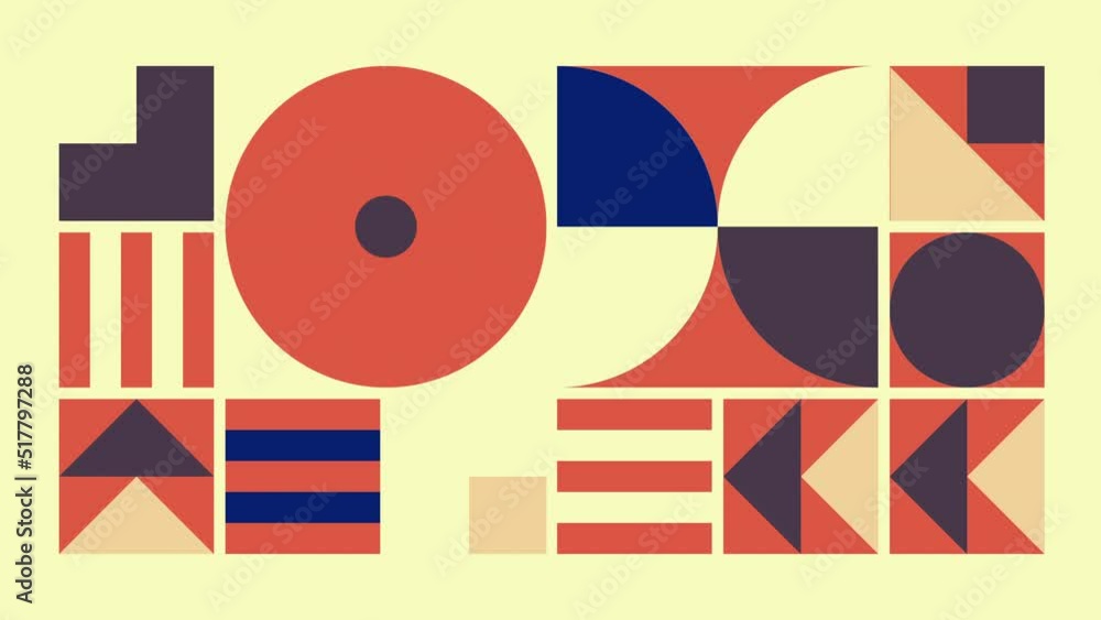 Poster geometric pattern loop. circles, squares animation. modernist abstract seamless background. bauhaus 