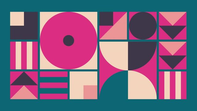 Geometric pattern loop. Circles, squares animation. Modernist abstract seamless background. Bauhaus Design style.