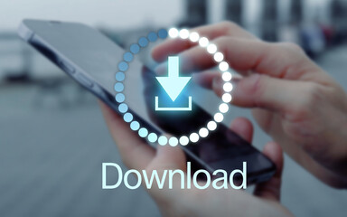 Illustriertes Download Symbol und Ladekreis vor Smartphone in Benutzung im Hintergrund, 5G,...