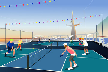 People Playing Pickleball in a Cruise Vacation Vector Illustration
