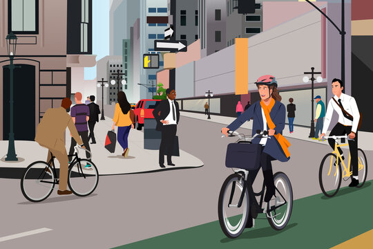 Business People Riding Bicycles Going to Work Vector Illustration