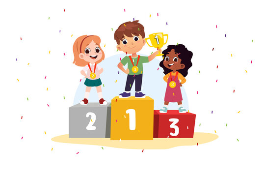 Children in a Winning Podium Holding Trophy and Medals Vector Illustration