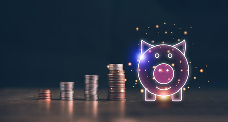 Money saving concept for the future plan and retirement fund, Stack of coins with piggy bank...