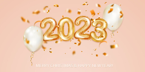 Festive Christmas background with white balloons, numbers 2023 of golden foil balloons and shiny pieces of serpentine. Vector illustration for posters, flyers or cards
