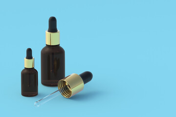 Skincare serum in dropper bottles on blue background. Copy space. 3d render