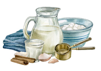 Fototapeta na wymiar Still life illustration with kitchen equipment. Watercolor composition with baking tools, milk jar, flour, eggs, and Cinnamon sticks. Bakery menu, pastry shop. Vintage rustic style, homemade baking