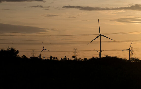 Wind Turbines And Transmission Lines At Sunset In Tuticorin