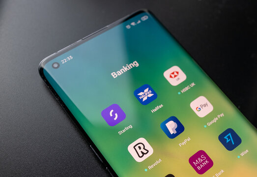 Starling Bank, Halifax, HSBC UK, Revolut, Paypal, Gpay. M&S Bank, Wise banking apps seen on smartphone screen in banking section. Internet banking concept. Stafford, UK, September 11,9, 2022.