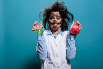 Sad lunatic chemist holding glass flasks filled with chemical compounds after lab explosion. Upset mad scientist with dirty face and messy hair having beakers filled with liquid substances