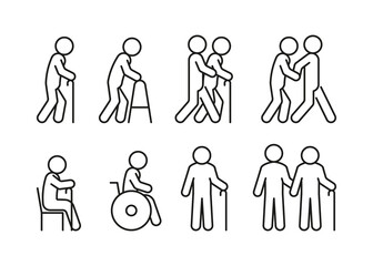 Senior elder people line icon set. Old persons with stick and handicap. Linear symbol. Disabled care, help volunteer. Vector outline sign