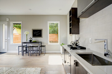 Cute modern new luxury kitchen in a  guest apartment in a large home ground level with beautiful modern dining room table and chairs. 