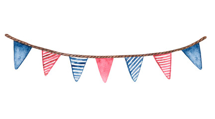 Fototapeta premium Garland with flags. Watercolor holiday clipart in blue and burgundy colors.