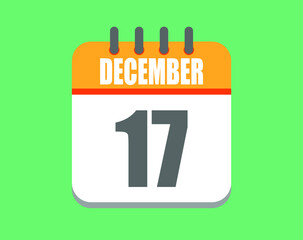 December day 17. Calendar icon for December. Vector illustration in orange and white on green background.