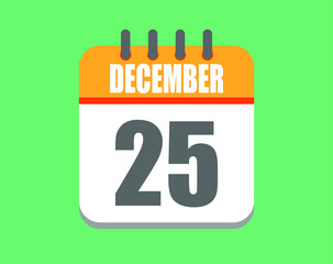 December day 25. Calendar icon for December. Vector illustration in orange and white on green background.