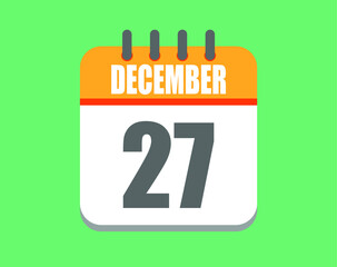 December day 27. Calendar icon for December. Vector illustration in orange and white on green background.