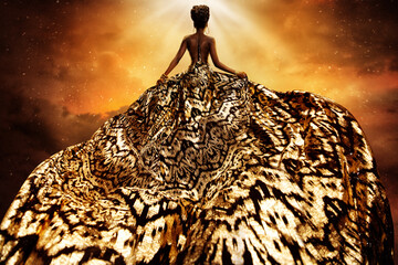 Fashion Model in Golden flying Dress looking away at Light. Afro Style Woman in Gold Long Gown...