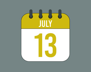 13 july calendar icon. July calendar banner. Date of the month for events.