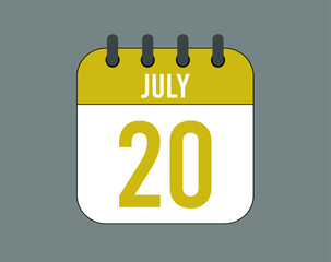 20 july calendar icon. July calendar banner. Date of the month for events.