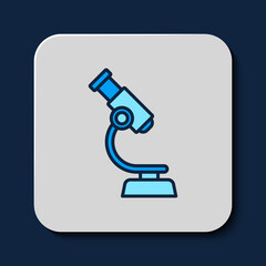 Filled outline Microscope icon isolated on blue background. Chemistry, pharmaceutical instrument, microbiology magnifying tool. Vector