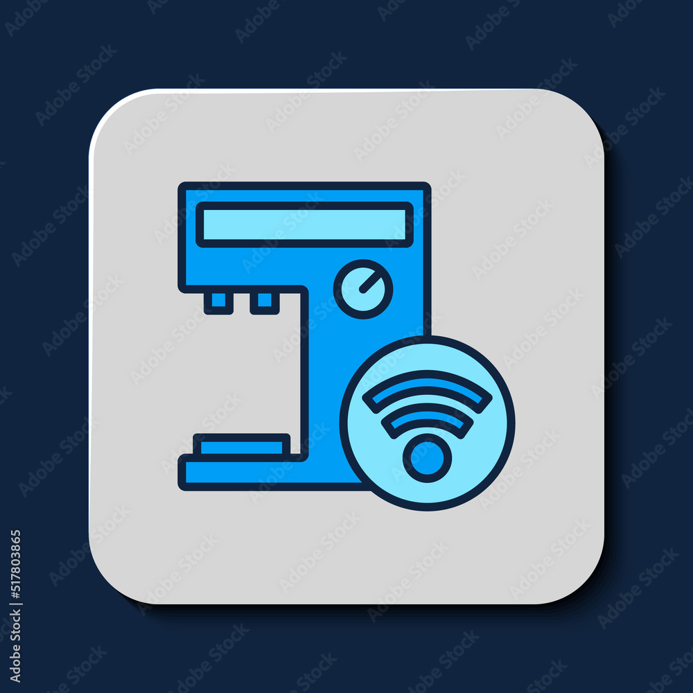 Poster filled outline smart coffee machine system icon isolated on blue background. internet of things conc