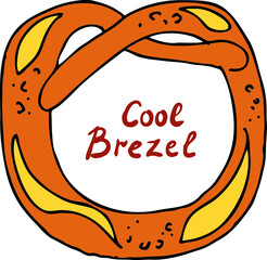 Tasty brezel for Oktoberfest celebration. Baked snack, bread for cafe, restaurant menu. Beer food for happy party people. Hand drawn illustration. Cartoon style line vector drawing.