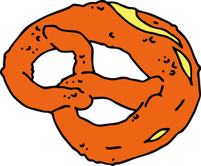 Tasty brezel for Oktoberfest celebration. Baked snack, bread for cafe, restaurant menu. Beer food for happy party people. Hand drawn illustration. Cartoon style line vector drawing.