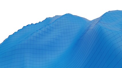 Blue mountain topography surface with blue grid line under white background. 3D illustration. 3D CG.